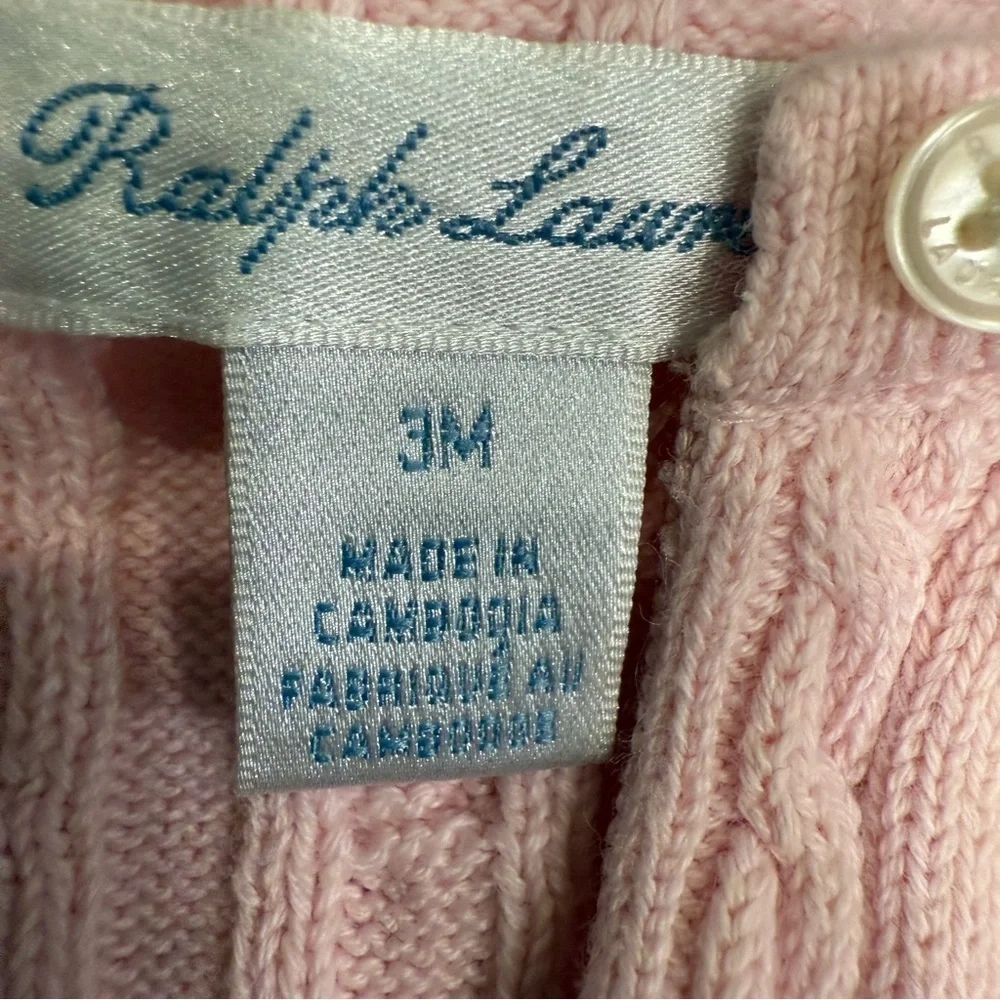 Ralph Lauren Baby Girl 2 PCS Set Pink Cable Knit Cardigan & Polo Onsie Sz 3 Mo